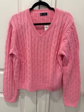 GAP 100% Cotton V-neck Cable Knit Sweater XL May Pink NWT